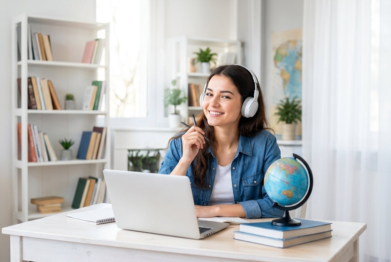 Student learning languages online with headphones, laptop, globe and books